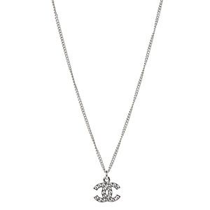 AUTHENTIC Chanel Crystal CC Pendant Necklace Silver